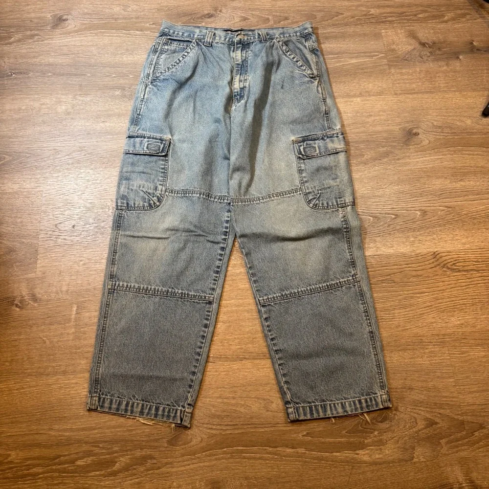 Mens double‎ knee Cargo Jeans Light Wash Size 34x30 Relaxed Fit Cotton